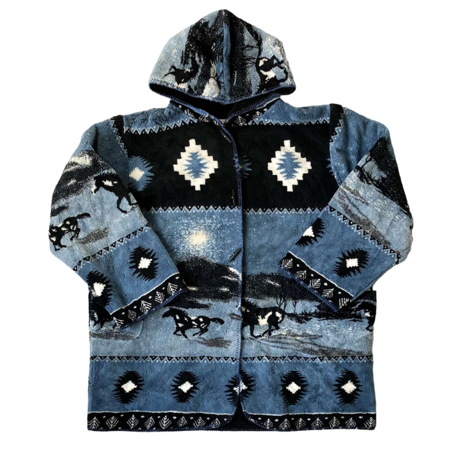 bay フリースパーカー 総柄 雪 アニマル fleece オーバープリント