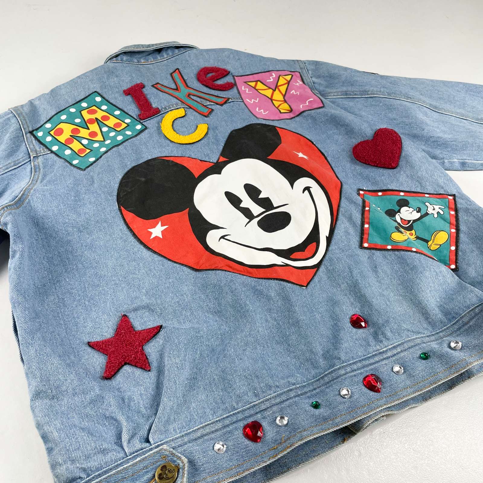 古着 90’s〜 MICKEY&CO ワッペン シンイル加工 バックプリント ミッキー トラッカー デニムジャケット