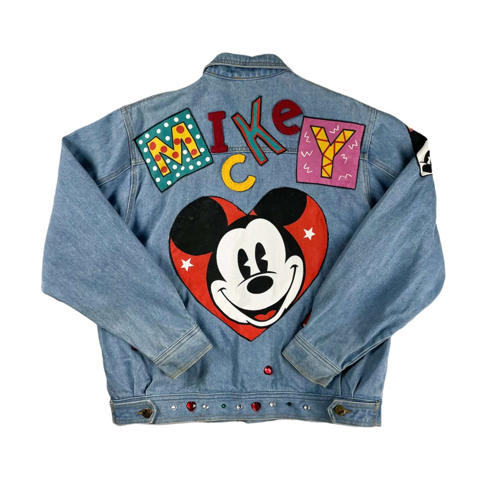 古着 90’s〜 MICKEY&CO ワッペン シンイル加工 バックプリント ミッキー トラッカー デニムジャケット