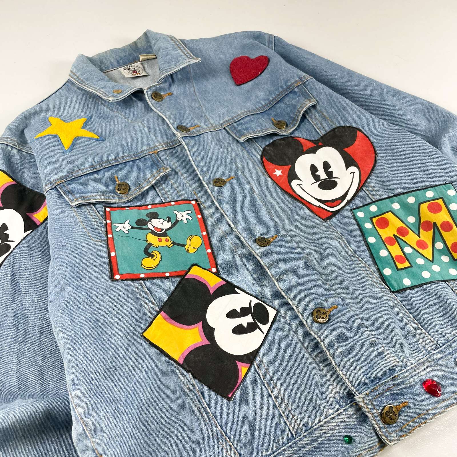 古着 90’s〜 MICKEY&CO ワッペン シンイル加工 バックプリント ミッキー トラッカー デニムジャケット